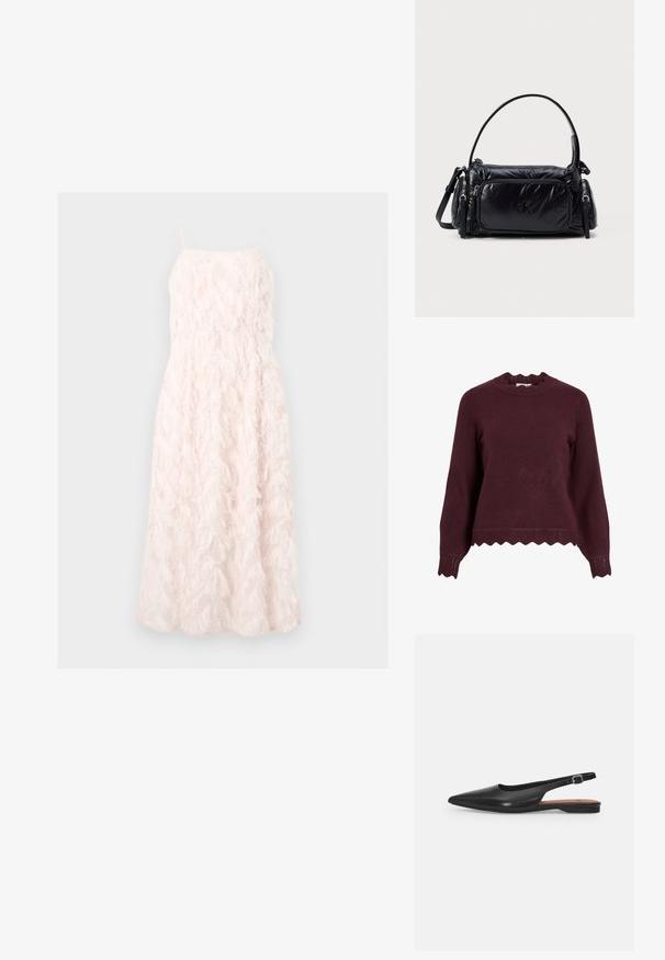Burgunderrød strikket sweater med lange ærmer, scallop-halsudskæring og tekstureret kant med zigzag-mønster. Blødt materiale, tætsiddende design.; Lang, lyserød, ærmeløs kjole med spaghetti-stropper og tekstureret, fjerlignende stofdetaljer.; Sorte læder slingback sko med spidse tæer, subtil glans og justerbar ankelrem. Flad hæl med en brun indersål.; Sort nylon håndtaske med et puffet design, rund skulderrem, frontlomme med lynlås og et subtilt logo prentet på forsiden.