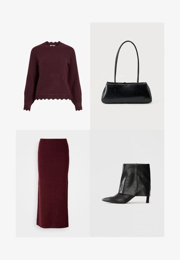 Burgunderrød strikket sweater med lange ærmer, scallop-halsudskæring og tekstureret kant med zigzag-mønster. Blødt materiale, tætsiddende design.; Bordeaux uld maxi nederdel med en tætsiddende silhuet, glat tekstur og lige kant. Ingen synlige lukninger eller udsmykninger.; Sort læderstøvle til midten af læggen med spids tå, foldet øvre skaft og slank lav hæl, der står på hvid baggrund.; Sort rektangulær skuldertaske med lange tynde stropper og en glat, blank tekstur på en ensfarvet baggrund.