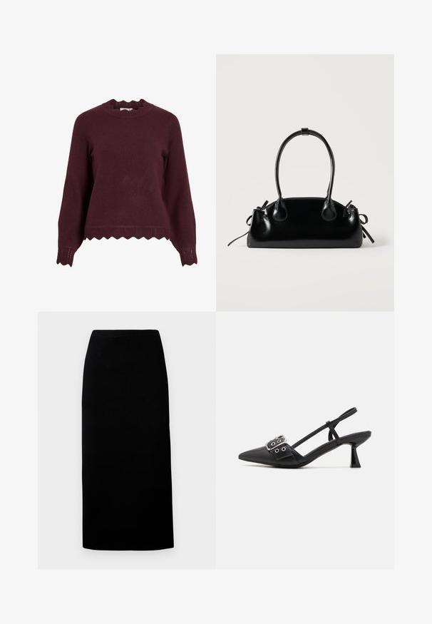 Burgunderfarbener Pullover aus Strick mit langen Ärmeln, gewelltem Ausschnitt und strukturiertem Saum mit Zickzackmuster. Weiches Material, taillierte Passform.; Schwarzer Midi-Rock aus weichem Stoff, mit geradem Schnitt und elastischem Bund, glatter Textur und ohne sichtbare Muster oder Akzente.; Simmi London DALA - Pumps - black; Kleine schwarze glänzende Handtasche mit zwei langen Griffen und seitlichen Kordelzug-Details vor einfachem hellem Hintergrund.