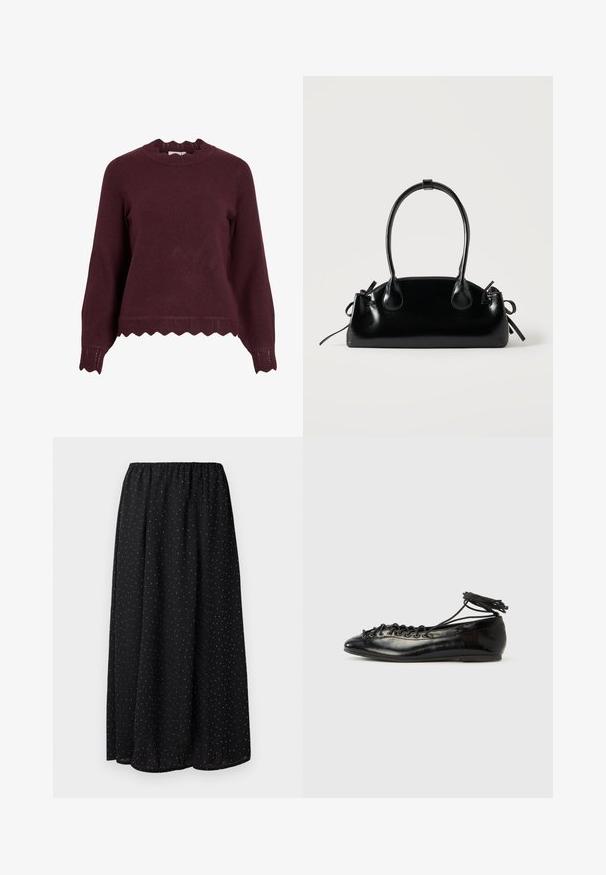 Burgunderrød strikket sweater med lange ærmer, scallop-halsudskæring og tekstureret kant med zigzag-mønster. Blødt materiale, tætsiddende design.; Sort skirt lavet af letvægtsstof med en samlet talje. Den har et mønster af små hvide prikker over hele stoffet.; Sorte balletflade sko i laklæder med rundet tå, snørelukning og flad sål. Glat tekstur med få detaljer.; Lille sort blank håndtaske med to lange håndtag og snøre-detaljer i siden på en ensfarvet lys baggrund.