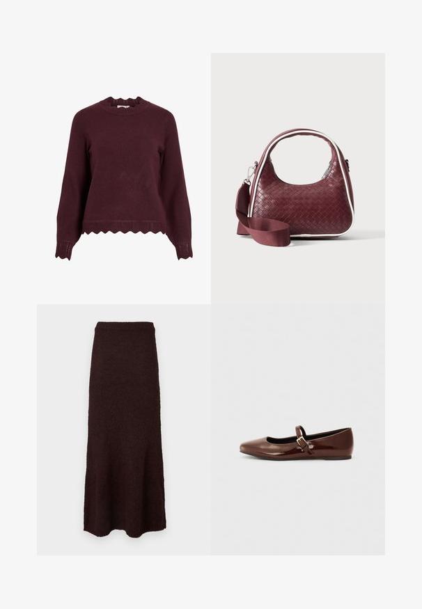 Burgunderrød strikket sweater med lange ærmer, scallop-halsudskæring og tekstureret kant med zigzag-mønster. Blødt materiale, tætsiddende design.; Knee-langt, mørkebrun strikket nederdel med lige talje og let udskæring i kanten mod en hvid baggrund.; Brun patentlæder balletflade med firkantet tå og strop med en lille guldbuckle. Glat tekstur, lav hæl og minimalistisk design.; Mørkerød vævet lædertaske med buet hank, hvid kant, sølv lynlås og aftagelig bred stofskulderrem mod en ensfarvet baggrund.