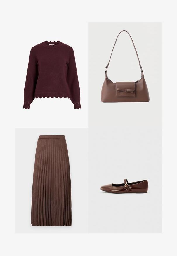 Suéter de punto burdeos con mangas largas, escote con ondas y dobladillo texturizado que presenta un patrón en zigzag. Material suave, diseño ajustado.; Falda midi marrón con pliegues, hecha de una tela texturizada, que presenta una cinturilla ajustada y pliegues verticales que se extienden desde la cintura hasta el dobladillo.; Bailarina de charol marrón con punta cuadrada y tira que presenta una pequeña hebilla dorada. Textura suave, tacón bajo y diseño minimalista.; Bolso bandolera de cuero marrón con un bolsillo frontal de solapa que presenta un detalle de moño cosido y una correa ajustable.