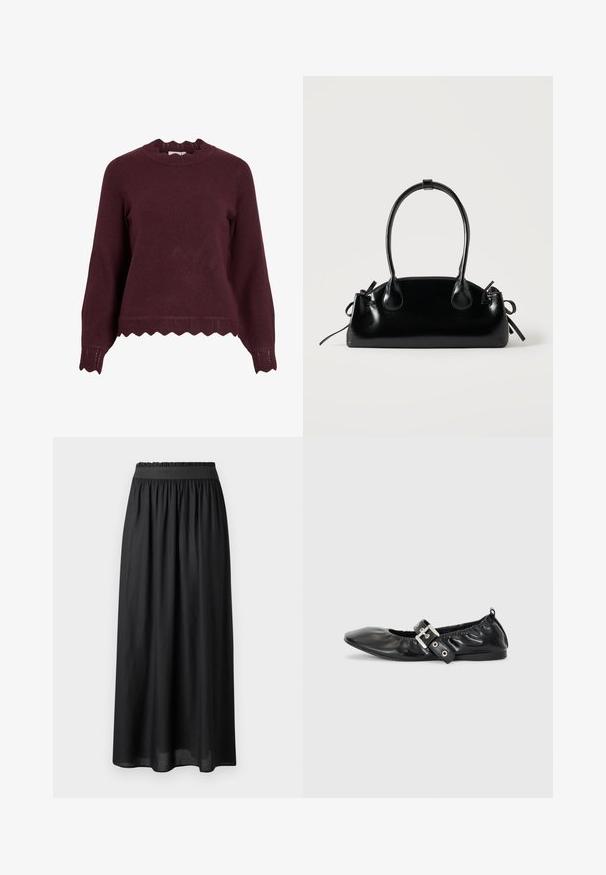Suéter de punto burdeos con mangas largas, escote con ondas y dobladillo texturizado que presenta un patrón en zigzag. Material suave, diseño ajustado.; Falda negra de longitud media hecha de tela ligera, con una cinturilla elástica y una silueta fluida de textura suave.; Zapato plano de piel negra con puntera afilada, detalle fruncido alrededor de la abertura y un acento de hebilla plateada en la correa ajustable.; Pequeño bolso negro brillante con dos asas largas y detalles de cordón lateral sobre un fondo claro liso.