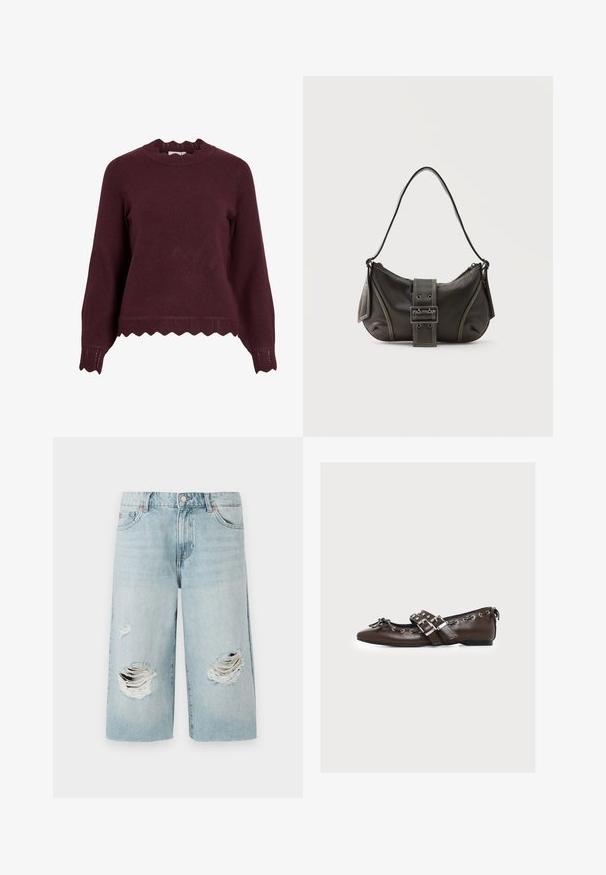 Burgunderfarbener Pullover aus Strick mit langen Ärmeln, gewelltem Ausschnitt und strukturiertem Saum mit Zickzackmuster. Weiches Material, taillierte Passform.; Helle blaue Denim-Shorts mit lockerer Passform, die vorne zwei große, ausgefranste Risse aufweisen. Fünf Taschen und ein sichtbarer Metallknopfverschluss.; Brauner Lederschuh mit flacher Sohle, doppelten silbernen Schnallenriemen, dekorativen Schnürungen an den Rändern und einer kleinen Schleife an der spitzen Schuhspitze.; Schwarze Leder-Schultertasche mit Schnallengurt-Detail, abgerundeten Kanten und kontrastierenden weißen Nähten auf schlichtem Hintergrund.