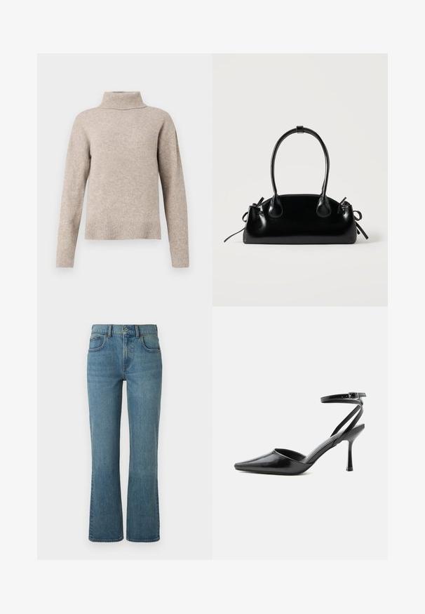 Beige rullekrave sweater lavet af blødt strikstof, med ribbet krave og manchetter, afslappet pasform og glat tekstur.; Lysblå flagrende jeans lavet af denim, med fem lommer, en frontknaplukning og subtil fading for tekstur.; Sort spids højhælet sko med tynde ankelremme og sølvspænde på en ensfarvet lys baggrund.; Lille sort blank håndtaske med to lange håndtag og snøre-detaljer i siden på en ensfarvet lys baggrund.