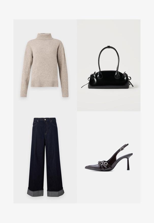Beige rullekrave sweater lavet af blødt strikstof, med ribbet krave og manchetter, afslappet pasform og glat tekstur.; Bukser i mørkt denim med vide ben og høj talje, der har lukning med knap og lynlås, kontrastsyninger og opbukket kant med grå detaljer.; Sort slingback højhælet sko i laklæder med spids tå og tre dekorative spænder over vristen.; Lille sort blank håndtaske med to lange håndtag og snøre-detaljer i siden på en ensfarvet lys baggrund.