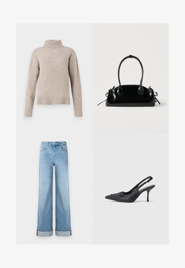 Beige rullekrave sweater lavet af blødt strikstof, med ribbet krave og manchetter, afslappet pasform og glat tekstur.; Lyseblå, vide jeans i klassisk denim med høj talje, prydet med opbrettede kanter og synlig søm.; Sorte læder slingback stiletto med spids tå, side spændebånd, nitter langs kanten og dekorativ snøring foran.; Lille sort blank håndtaske med to lange håndtag og snøre-detaljer i siden på en ensfarvet lys baggrund.