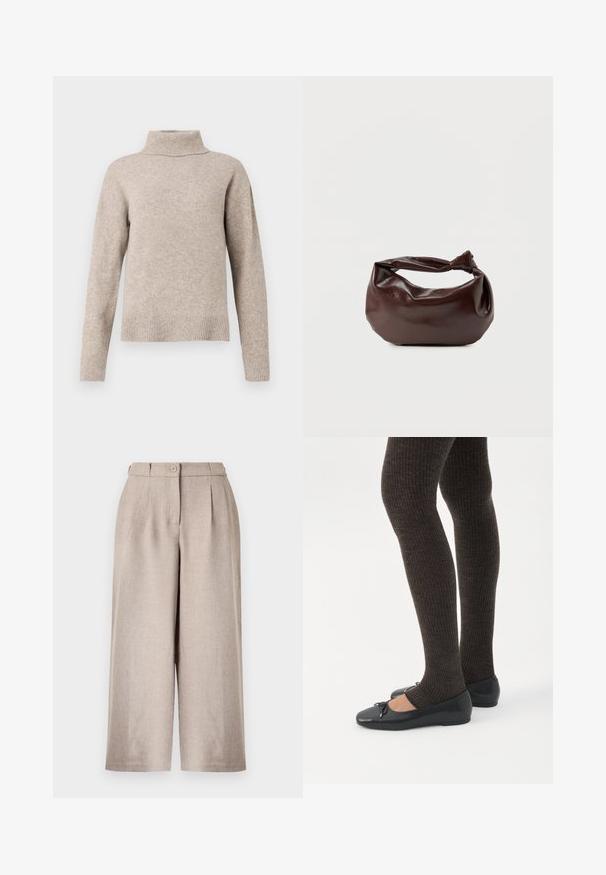Beige rullekrave sweater lavet af blødt strikstof, med ribbet krave og manchetter, afslappet pasform og glat tekstur.; Beige bukser med høj talje og vide ben, forsynet med forreste læg, knaplukning og bæltestropper på hvid baggrund.; Ben iført mørke ribbede leggings kombineret med sorte balletsko med små sløjfedetaljer på hvid baggrund.; Mørkebrun læder skuldertaske med en blød, afslappet form og et snoet knudehåndtag på en ensartet hvid baggrund.