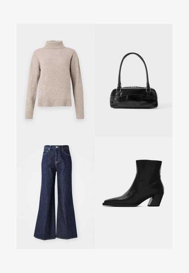 Beige rullekrave sweater lavet af blødt strikstof, med ribbet krave og manchetter, afslappet pasform og glat tekstur.; Mørke denim flared jeans med høj talje, der har knap- og lynlåslukning. Hvide syninger og brede ben skaber en struktureret silhuet.; Sortlæder ankelstøvle med spids tå, en slank silhuet og en kraftig firkantet hæl. Glat tekstur med minimale stikninger.; Sort læderhåndtaske med rektangulær form, der har et enkelt struktureret håndtag, sølvhardware og lynlås-lukning. Glat tekstur.