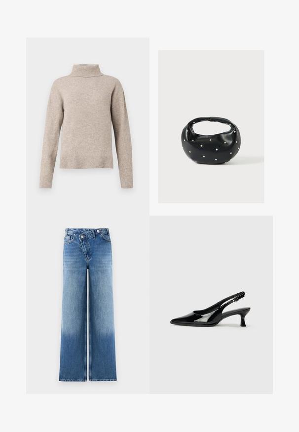 Beige rullekrave sweater lavet af blødt strikstof, med ribbet krave og manchetter, afslappet pasform og glat tekstur.; Lysblå vidde jeans med en falmet vask, der har et klassisk fem-lomme design og metalknap detaljer i taljen.; Sorte patenterede slingback-sko med spidse tæer og lav blokhæl. Justerbar spænde-rem ved anklen.; Sort læderhåndtaske med en rundet form, dekoreret med sølvnitter, og et kort håndtag. Glat tekstur og lynlåslukning.