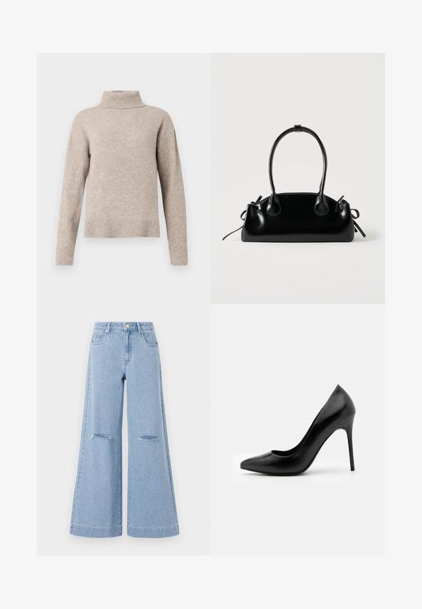 Beige rullekrave sweater lavet af blødt strikstof, med ribbet krave og manchetter, afslappet pasform og glat tekstur.; Lyseblå bredbenede jeans med høj talje, der har to forlommer og to slidte knædetaljer, fremstillet af denimmateriale.; Sorte læder højhælede pumper med spids tå og glat overflade. Har en slank stilethæl og et lavt udskæringsdesign.; Lille sort blank håndtaske med to lange håndtag og snøre-detaljer i siden på en ensfarvet lys baggrund.