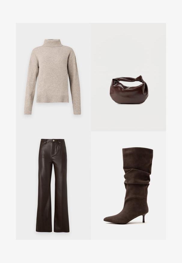Beige rullekrave sweater lavet af blødt strikstof, med ribbet krave og manchetter, afslappet pasform og glat tekstur.; Vero Moda Wide-leg VMTESSA High rise - Bukser - chocolate torte; Mørkebrun ruskind slouchy midt på læggen støvle med spids tå og slank lav hæl på en ensfarvet lys baggrund.; Mørkebrun læder skuldertaske med en blød, afslappet form og et snoet knudehåndtag på en ensartet hvid baggrund.