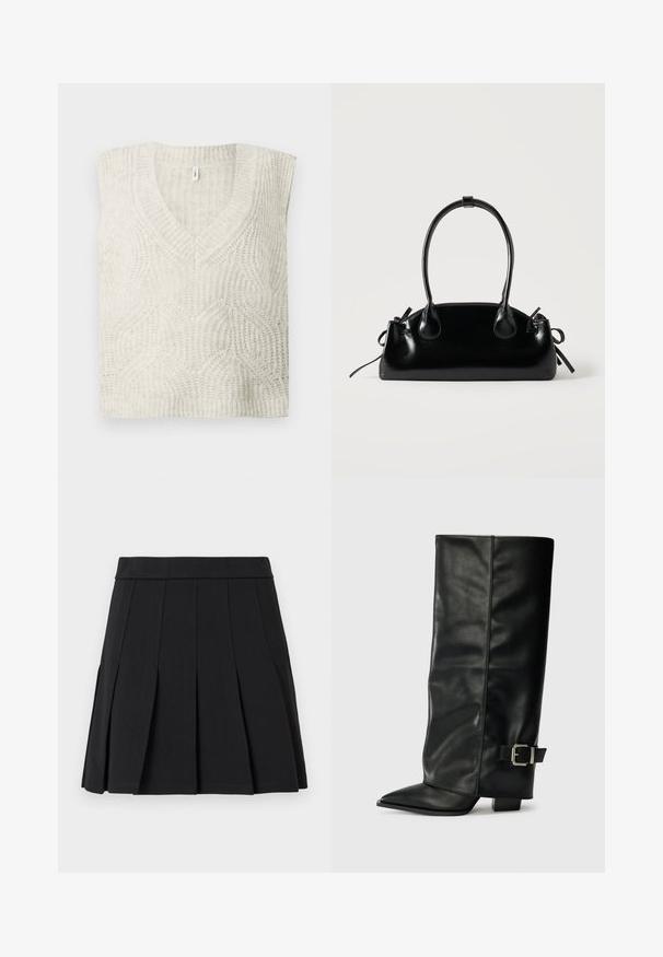 Pull en tricot sans manches de couleur crème clair avec un décolleté en V, présentant un motif de vagues texturé et des bords côtelés.; Jupe plissée noire en tissu lisse. Elle présente une large ceinture et plusieurs plis aiguille verticaux.; Bottes noires en cuir longueur cheville avec un bout pointu, texture lisse et une accent en boucle argentée sur le côté. Talon carré épais.; Petit sac à main noir brillant avec deux longues anses et des détails à cordon sur les côtés sur un fond clair uni.
