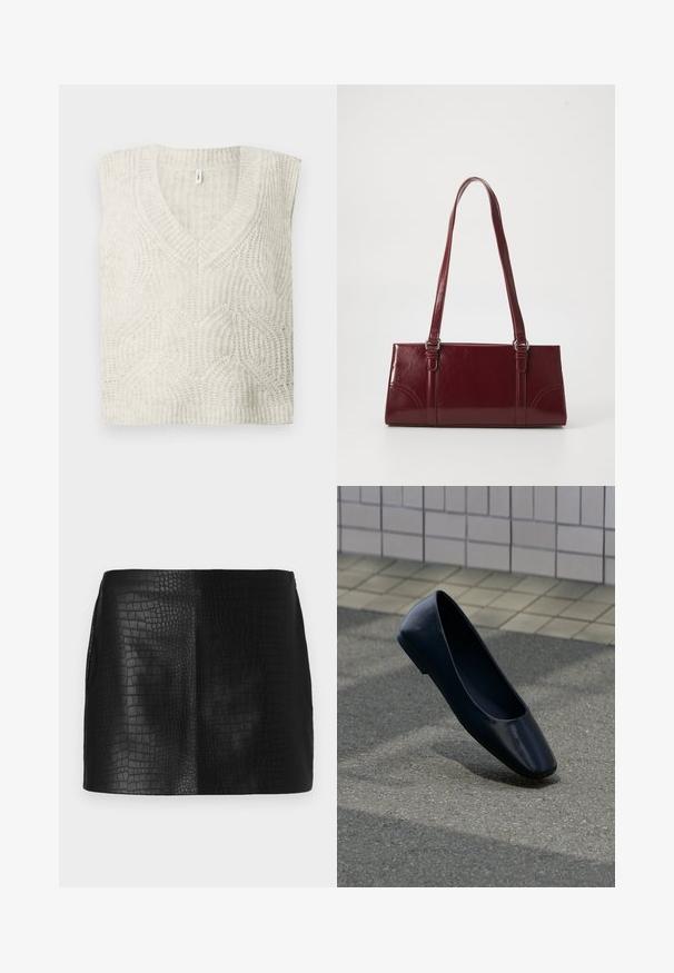 Pull en tricot sans manches de couleur crème clair avec un décolleté en V, présentant un motif de vagues texturé et des bords côtelés.; Mini jupe en simili cuir noir avec un motif crocodile texturé, présentant une finition lisse et une coupe ajustée sans accessoires visibles.; Chaussure plate en cuir noir debout sur une surface asphaltée près du bord d'un trottoir carrelé.; Sac à main bordeaux en matériau brillant, de forme rectangulaire, avec deux anses et des accents légèrement courbés à l'avant.