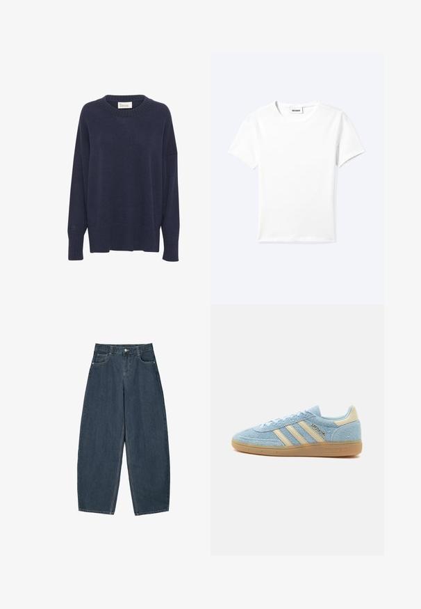 Pull en tricot bleu marine avec col rond, épaules tombantes et ourlet à côtes. Présente un petit logo sur la manche gauche. Texture douce.; T-shirt blanc uni à manches courtes et col rond avec une petite étiquette "WEEKDAY" à l'intérieur de l'encolure, présenté à plat sur un fond clair.; Jeans en denim bleu foncé à jambes larges avec une taille haute, dotés de cinq poches et de détails de couture visibles. Design épuré et minimal.; Baskets Adidas en daim bleu clair avec des bandes beiges et un empiècement au talon, semelle en gomme et marquage "SPEZIAL" sur le côté.