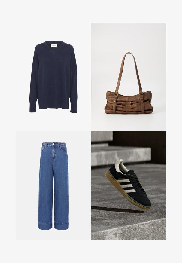 Marineblå strikketrøje med rund halsudskæring, sænkede skuldre og ribbet kant. Har et lille logo på venstre ærme. Blød tekstur.; Blå denim jeans med vide ben, flettet linning, knap foran og lommer, vist på ensfarvet baggrund.; Sort ruskindssneaker med hvide striber og gyldent logo, med en tekstureret gummisål i karamel og en kontrasterende cremefarvet hæltab.; Even&Odd by Zalando Håndtasker - brown