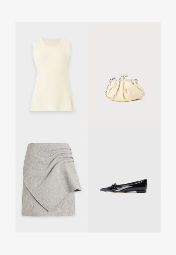 Haut sans manches de couleur crème en tricot avec un col rond et un ourlet légèrement évasé sur un fond uni.; Jupe en tissu gris clair texturé avec un panneau avant asymétrique superposé et un détail froncé sur un côté.; Chaussure plate en cuir verni noir avec un bout pointu, une petite lanière décorative et un petit talon carré. Texture lisse et design épuré.; Pochette en cuir beige plissé avec un cadre en métal argenté, dotée de deux fermoirs ronds décoratifs et d'une chaîne en argent.