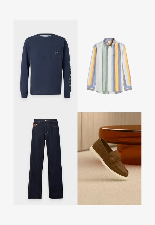 Marineblauwe longsleeve shirt van katoen, met een borstzak met een "H" logo en de tekst "HACKETT" gedrukt op de linkermouw.; Overhemd met lange mouwen en knopen, met verticale strepen in pastelgroen, blauw, geel, grijs en wit, met een borstzak en een knoopsluiting aan de kraag.; Donkerblauwe denim jeans met een rechte pijpdesign. Bevat een sluiting met een knoop aan de voorkant, een achterzak met logo en oranje stiksels.; Bruine suède loafer met witte zool en metalen detail, zwevend boven een licht tapijt naast een glanzend bruin rond meubelstuk.