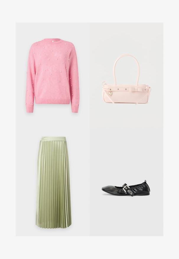 Pull rose en tricot doux, ornée de grandes perles dispersées sur sa surface. Col et ourlet côtelés.; Jupe midi plissée en satin vert clair avec une texture lisse. Taille ajustée, longueur mi-mollet, avec des plis verticaux réguliers sur toute la surface.; Chaussure plate en cuir noir avec un nez pointu, des détails froncés autour de l'ouverture et un accent en boucle argentée sur la bride ajustable.; Sac à main rectangulaire rose pâle avec double poignée, nœud décoratif, œillets métalliques et petit charm en forme de cœur sur un fond uni.