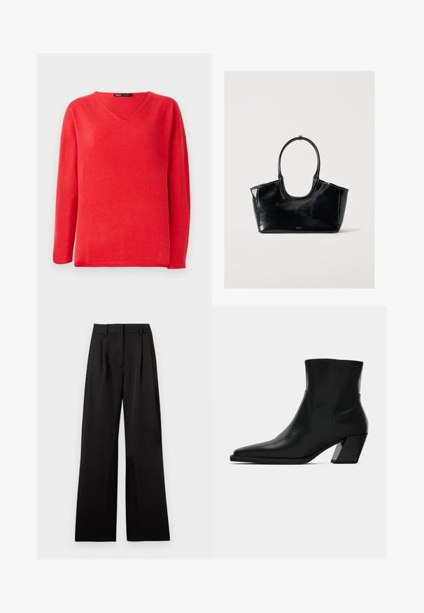 Suéter rojo de manga larga con escote en V, de corte relajado y etiqueta de la marca "ONLY" en el interior del cuello.; Pantalones de pierna ancha en negro, con una textura suave, que presentan pliegues frontales, una cinturilla plana y presillas para cinturón. Diseño simple y ajustado.; Bota de tobillo de cuero negro con punta afilada, una silueta elegante y un tacón cuadrado grueso. Textura suave con detalles de costura mínimos.; Bolso de mano de cuero negro brillante con un gran asa ovalada y un logo sutil en el frente sobre un fondo claro y liso.