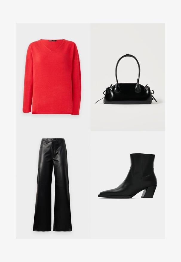 Pull rouge à manches longues en V avec une coupe décontractée et une étiquette de marque "ONLY" à l'intérieur du col.; Pantalons larges en faux cuir noire taille haute avec bouton avant, fermeture éclair, passants de ceinture et poches latérales sur fond blanc.; Bottine en cuir noir avec un bout pointu, une silhouette élégante et un talon carré massif. Texture lisse avec des détails de couture minimalistes.; Petit sac à main noir brillant avec deux longues anses et des détails à cordon sur les côtés sur un fond clair uni.