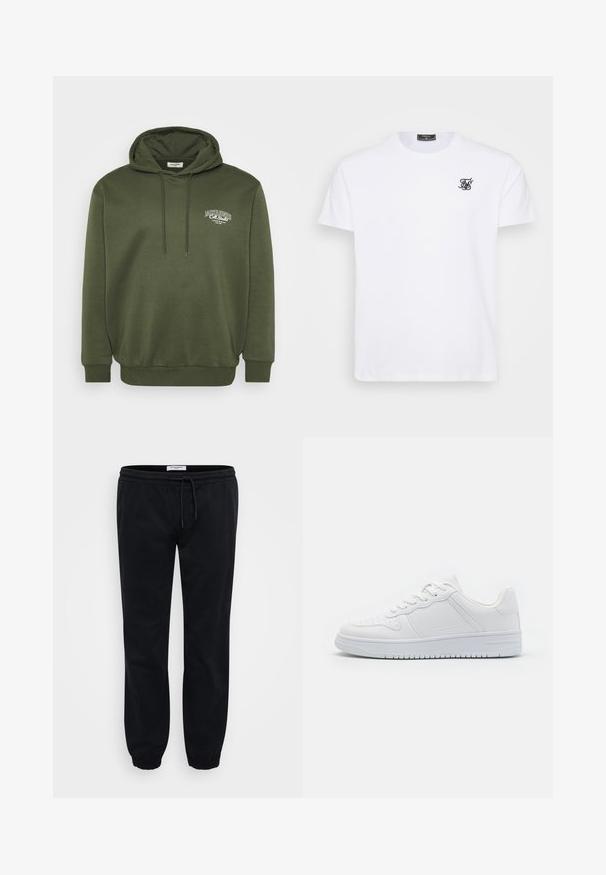 Olivegrüner Hoodie aus Baumwollmischgewebe, mit einer vorderen Kängurutasche, Kapuze mit Kordelzug und weißem Logo-Stick auf der Brust.; Weißes Baumwoll-T-Shirt mit Rundhalsausschnitt. Mit einem kleinen schwarzen, gestickten Logo auf der Brust. Kurze Ärmel und gerade Passform.; Schwarze Sweatpants aus weichem Baumwollstoff mit elastischem Bund und Kordelzug. Mit elastischen Bündchen und seitlichen Taschen für zusätzlichen Komfort.; Weiße Sneaker aus glattem Synthetikmaterial, ausgestattet mit flachen Schnürsenkeln, perforierter Zehenpartie und einer gummierten Sohle mit einem strukturierten Grip-Muster.