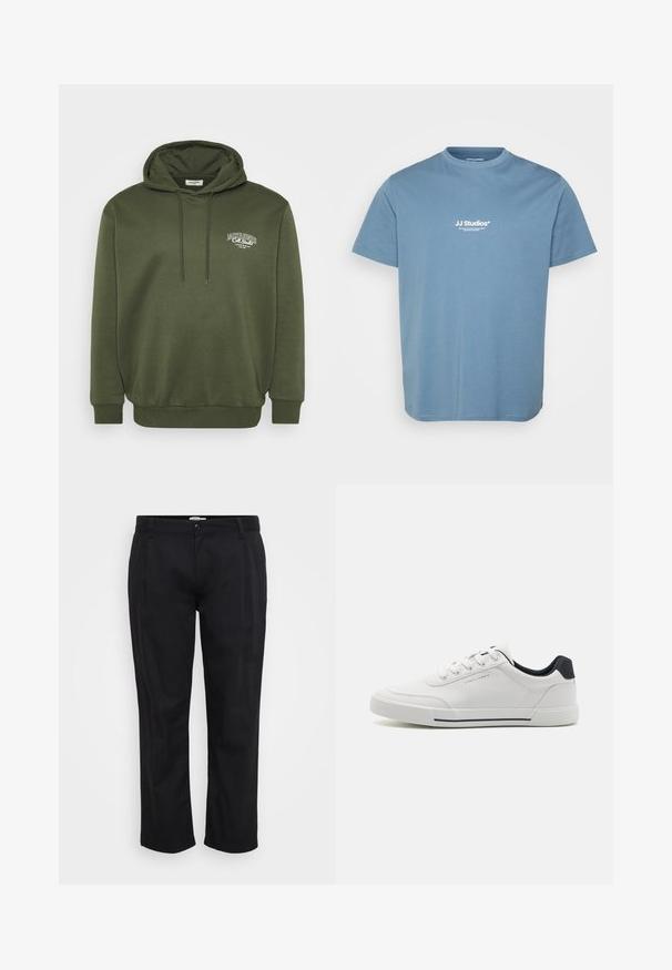 Olivegrüner Hoodie aus Baumwollmischgewebe, mit einer vorderen Kängurutasche, Kapuze mit Kordelzug und weißem Logo-Stick auf der Brust.; Hellblaues T-Shirt mit kurzen Ärmeln und weißem Textlogo "JJ Studios" auf der Brust zentriert, Rundhalsausschnitt und einfachem Baumwollstoff.; Jack & Jones Wide-leg Plus Size Wide Leg Fit - Stoffhose - black; Weiße Sneakers mit einem glatten synthetischen Obermaterial, runder Spitze, Schnürdesign, marineblauem Akzent an der Ferse und einer strukturierten Gummisohle mit einem schwarzen Streifen.