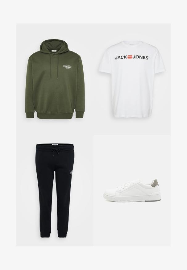 Olivengrøn hættetrøje lavet af en bomuldsblandingsstof, med en frontlomme i kangaroo-stil, snoretræk i hætten og hvid logo-brodering på brystet.; Hvid bomulds T-shirt med "JACK & JONES" logo i sort med en rød rektangulær accent. Korte ærmer og rund hals. Glat tekstur.; Sorte sweatpants lavet af blødt stof, med elastisk talje, snor, sidelommer og en lille logo detalje på hoften.; Hvid sneaker lavet af glat læder, rund tå, minimalistisk design, grå hælafsats og tekstureret gummisål.