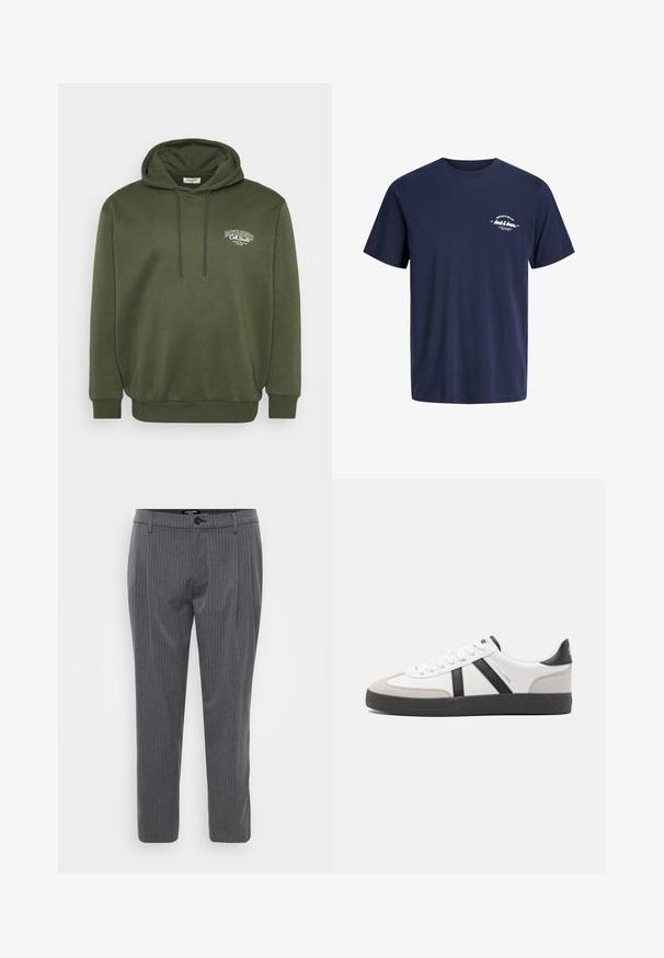 Olivengrøn hættetrøje lavet af en bomuldsblandingsstof, med en frontlomme i kangaroo-stil, snoretræk i hætten og hvid logo-brodering på brystet.; Mørkeblå t-shirt med korte ærmer og rund hals med lille hvid tekst "Definition of Jack & Jones" på venstre bryst.; Grå stribede bukser lavet af vævet stof, med flad front, bæltestropper og en enkelt knaplukning. Skåret pasform og opkradede ben.; Hvide sneakers med sorte og grå detaljer, med en tekstureret grå tåhætte, sort gummisål og flade hvide snørebånd. Rent design, minimalistisk stil.