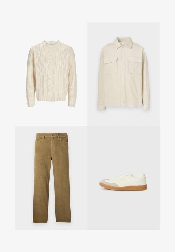Jersey de punto color crema con un patrón acanalado texturizado, cuello redondo y puños y dobladillo acanalados. Tejido suave y grueso.; Camisa de pana beige con mangas largas, dos bolsillos en el pecho y cierre frontal con botones. Presenta un cuello clásico y un ribeteado vertical texturizado.; Pantalones de pana en color caqui con corte recto, presentan una textura de costillas verticales, pasadores para cinturón y bolsillos frontales.; Zapatilla de cuero blanca con puntera beige y suela de goma marrón claro. Presenta cordones planos blancos y una marca en relieve en el lateral.