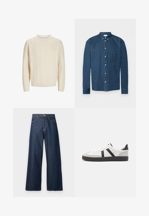 Jersey de punto color crema con un patrón acanalado texturizado, cuello redondo y puños y dobladillo acanalados. Tejido suave y grueso.; Camisa de mezclilla azul oscuro con botones, mangas largas, un bolsillo delantero a la izquierda y cuello abotonado, mostrada sobre un fondo blanco.; Jeans de pierna ancha hechos de mezclilla oscura con costuras naranjas, con cinco bolsillos, cierre frontal de botones y una silueta recta.; Zapatilla blanca con acentos en negro y gris, que presenta una puntera texturizada en gris, suela de goma negra y cordones planos blancos. Diseño limpio, estilo minimalista.