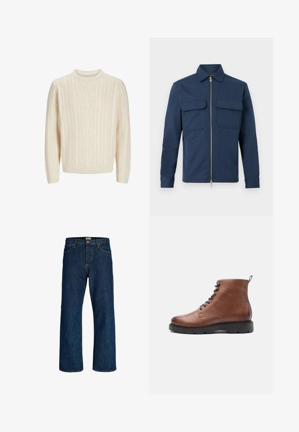 Pull en tricot couleur crème présentant un motif de côtes texturé, un col rond, et des poignets et un ourlet à côtes. Tissu doux et épais.; Veste bleu marine texturée avec une fermeture éclair à l'avant, deux poches poitrine à rabat, manches longues et col classique sur fond blanc.; Jeans en denim bleu foncé à jambes droites, avec bouton à l'avant, fermeture éclair et design à cinq poches.; Bottes brunes en cuir montant jusqu'à la cheville avec un bout rond, un laçage à l'avant et une semelle en caoutchouc noir. Équipées d'une boucle à l'arrière pour un enfilage plus facile.