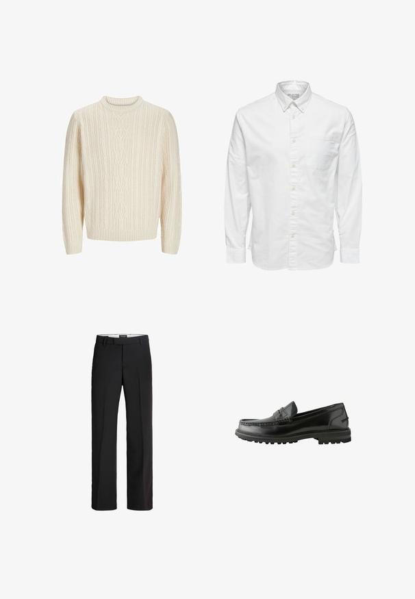 Jersey de punto color crema con un patrón acanalado texturizado, cuello redondo y puños y dobladillo acanalados. Tejido suave y grueso.; Camisa blanca de manga larga con botones, cuello y bolsillo en el pecho, con la etiqueta "Selected Homme" en el interior del cuello.; Pantalones negros con corte ajustado; cuentan con un frente plano, dos bolsillos laterales y una textura suave; fabricados con un material ligero y transpirable.; Mocasines de cuero negro con un acabado suave, que presentan un diseño cosido, un tacón bajo apilado y una suela de goma duradera con tracción.