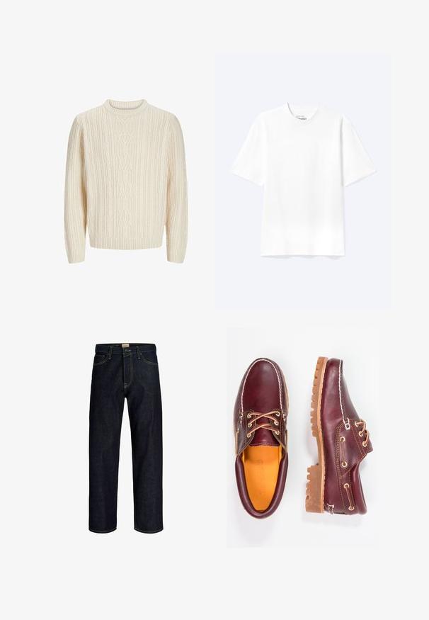 Jersey de punto color crema con un patrón acanalado texturizado, cuello redondo y puños y dobladillo acanalados. Tejido suave y grueso.; Camiseta lisa blanca de manga corta y cuello redondo con un corte relajado, mostrada sobre un fondo claro.; Vaqueros azul oscuro de pierna recta con costuras amarillas, cierre frontal de botón y cremallera, y diseño de cinco bolsillos.; Zapatos de cuero burdeos con suelas de goma marrón, puntera redonda, costuras blancas y ojales dorados. El interior cuenta con un forro amarillo.