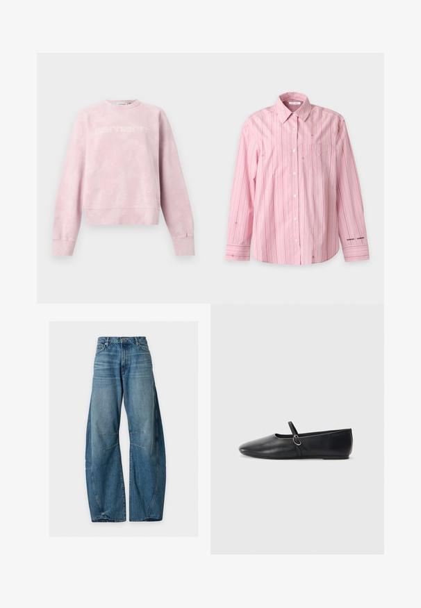 Sweat-shirt col rond rose clair avec un motif subtil de tâches blanches et un logo "Carhartt" discret sur la poitrine, présenté à plat sur fond blanc.; Chemise rose à manches longues avec fines rayures verticales rouges et une poche poitrine, posée à plat sur fond blanc.; Jean en denim bleu à jambes larges avec bouton sur le devant, poches et détails de coutures visibles sur les jambes, sur un fond clair uni.; Ballerines noires en cuir avec un bout pointu, une semelle plate et une petite sangle avec un détail de boucle en argent.