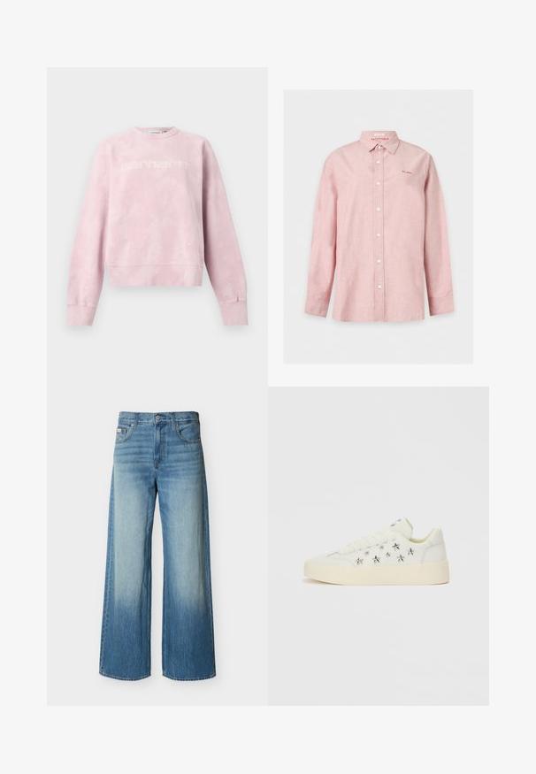 Sweat-shirt col rond rose clair avec un motif subtil de tâches blanches et un logo "Carhartt" discret sur la poitrine, présenté à plat sur fond blanc.; Chemise rose à manches longues avec boutons, col et petit logo brodé "Mother" sur le côté gauche de la poitrine.; Jean en denim bleu à jambes larges avec un délavage clair estompé sur l'avant des cuisses, des poches avant, des passants de ceinture, et une fermeture par bouton.; Baskets blanches avec une tige en cuir lisse. Ornées d'étoiles argentées et d'une semelle épaisse et texturée. Fermeture à lacets.