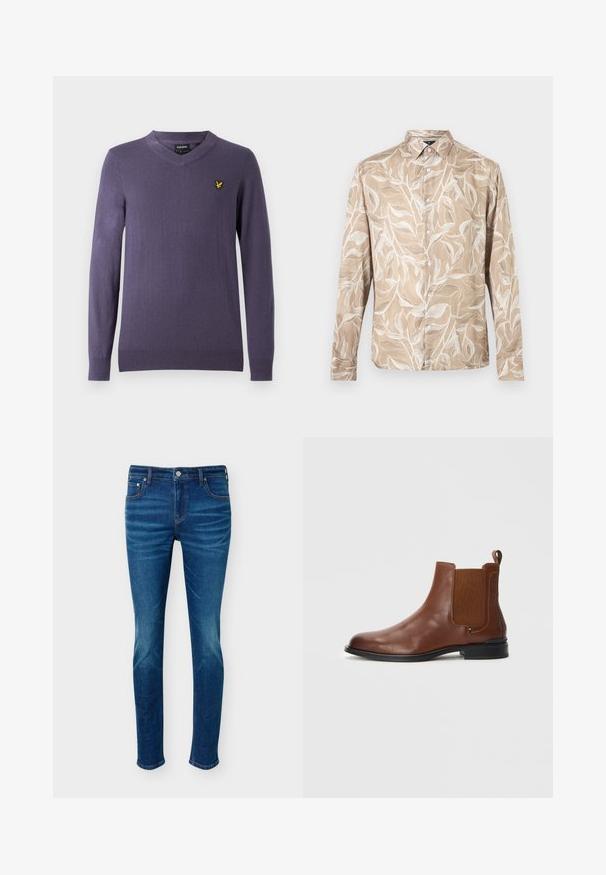 Lilla v-hals sweater lavet af blødt stof. Har lange ærmer, ribstrikkede manchetter og kant samt en lille gul logo på venstre bryst.; Beige langærmet skjorte med knapper foran, hvidt bladformet vinmønster og spids krave.; Blå slim-fit cowboybukser med let falmet effekt på lår og knæ, foran knap, lynlås og fem-lomme design mod en ensfarvet baggrund.; Brun læder Chelsea støvle med elastiske sidepaneler, rund tå, trækstrop og en sort gummisål. Glat tekstur med minimal detaljering.