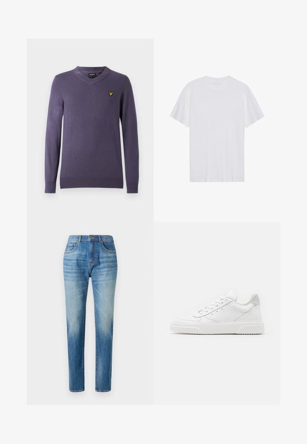 Suéter morado con cuello en V, hecho de tela suave. Cuenta con mangas largas, puños y dobladillo acanalados, con un pequeño logo amarillo en el lado izquierdo del pecho.; Camiseta de algodón blanca con mangas cortas, cuello redondo y una textura suave. Presenta una marca mínima en el escote.; Jeans de mezclilla azul claro, diseño de pierna recta, con una cintura alta, sutil desvanecimiento y un estilo clásico de cinco bolsillos. Cierre de botón de metal.; Zapatillas de cuero blanca con un acabado suave, punta redondeada, cordones planos y una suela texturada. Acento de ante gris en el talón.