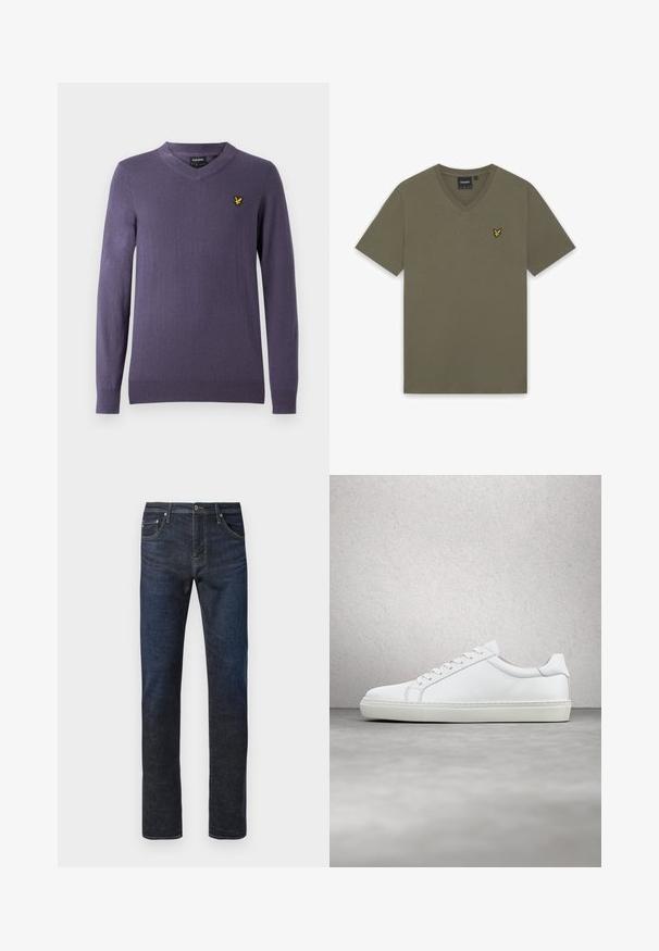 Lilla v-hals sweater lavet af blødt stof. Har lange ærmer, ribstrikkede manchetter og kant samt en lille gul logo på venstre bryst.; Kortærmet olivengrøn V-hals T-shirt med en lille gul fuglelogo på venstre bryst.; Mørkeblå lige ben denim jeans med frontknap, synlig syning og fem-lommes design på en hvid baggrund.; Hvide sneakers med en glat læderoverdel og lav profil. Har en rund tå, seks snørehuller og en tekstureret gummisål.