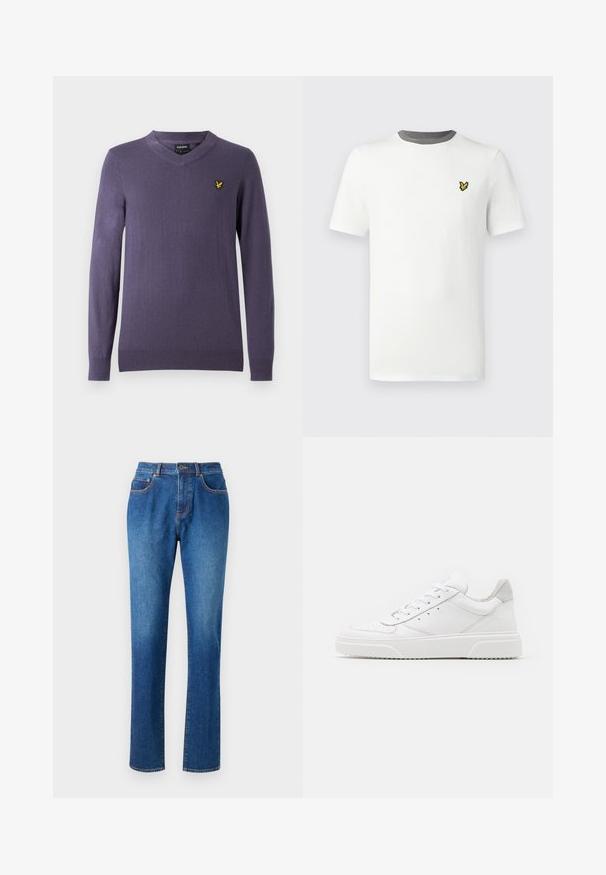 Lilla v-hals sweater lavet af blødt stof. Har lange ærmer, ribstrikkede manchetter og kant samt en lille gul logo på venstre bryst.; Hvid bomulds-T-shirt med rund hals, korte ærmer og grå halskant; har en lille gul broderet logo på brystet.; Blå denim jeans med en lige benpasform, fem lommer, en talje med bæltestropper og kontraststing langs sømmene.; Hvide lædersneakers med en glat finish, rund tå, flade snørebånd og en struktureret sål. Grå ruskindsdetalje ved hælen.
