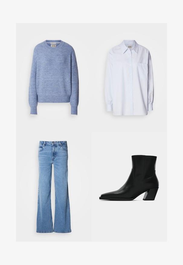 Suéter azul claro hecho de material suave y texturizado. Presenta un cuello redondo y mangas largas con puños acanalados. Diseño minimalista.; Camisa de botones azul claro hecha de algodón. Presenta un collar en punta, mangas largas y un bolsillo en el pecho. Textura suave.; Vaqueros de pierna ancha azul claro hechos de mezclilla. Presentan un diseño clásico de cinco bolsillos y una bragueta con botones visibles. Textura suave y acabado sin adornos.; Bota de tobillo de cuero negro con punta afilada, una silueta elegante y un tacón cuadrado grueso. Textura suave con detalles de costura mínimos.