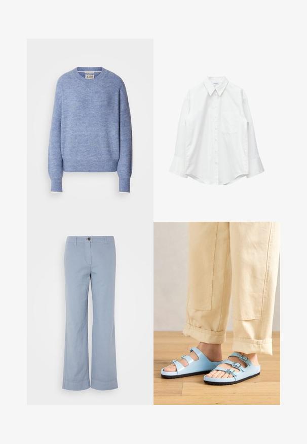 Pull léger bleu en matériau doux et texturé. Il présente un col rond et des manches longues avec des poignets côtelés. Design minimaliste.; Chemise blanche à manches longues avec col et poche poitrine unique, présentée à plat sur un fond blanc.; Pantalons en lin bleu clair avec une coupe droite, fermeture à bouton et ourlet retroussé. Texture lisse, conçus pour un port décontracté.; Des sandales à glissière bleu clair avec trois sangles réglables et des boucles en argent ; semelle texturée et matériau supérieur lisse. Portées avec un pantalon beige retroussé.