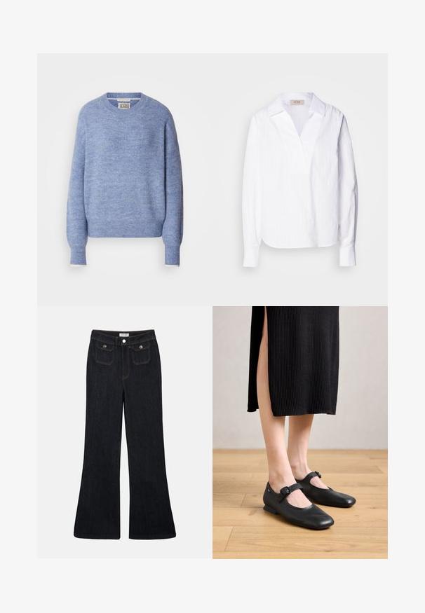 Suéter azul claro hecho de material suave y texturizado. Presenta un cuello redondo y mangas largas con puños acanalados. Diseño minimalista.; Camisa blanca de manga larga hecha de una tela ligera texturizada, con escote en V, cuello oversized y sutiles rayas verticales.; Vaqueros de mezclilla oscuros de corte acampanado, con cintura alta, dos bolsillos delanteros y costuras naranjas. El material parece robusto y suave.; Bailarinas negras de charol con un pequeño tacón, que presentan una punta redondeada y un detalle de hebilla lateral. El diseño texturizado realza su atractivo visual.