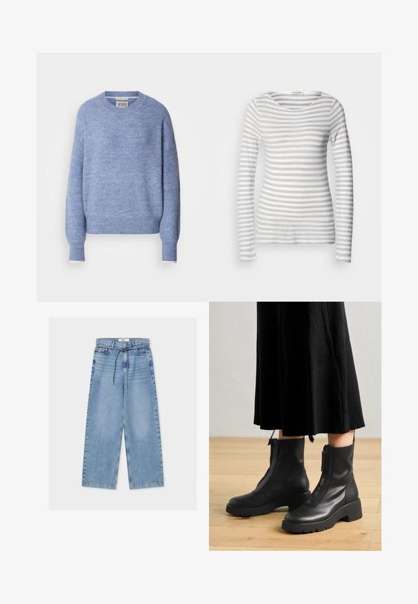 Suéter azul claro hecho de material suave y texturizado. Presenta un cuello redondo y mangas largas con puños acanalados. Diseño minimalista.; Camiseta de manga larga a rayas en tejido suave, con rayas alternas en gris claro y blanco. Escote redondeado y diseño ajustado con mangas completas.; Vaqueros de pierna ancha en azul claro con cintura alta, cierre de botón y cremallera, bolsillos delanteros y un cinturón delgado con cordón.; Botas de tobillo de cuero negro con suela de plataforma gruesa y cremallera delantera. Textura suave con un diseño minimalista.