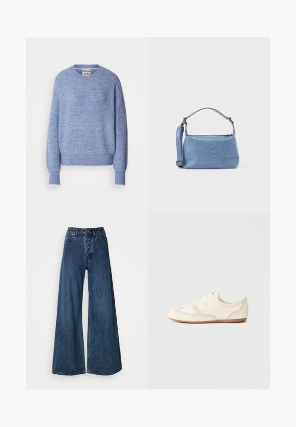 Suéter azul claro hecho de material suave y texturizado. Presenta un cuello redondo y mangas largas con puños acanalados. Diseño minimalista.; Jeans de mezclilla de pierna ancha en azul oscuro, con cintura alta, diseño de cinco bolsillos y costuras en contraste. Tejido clásico y duradero.; Zapatillas de color crema con parte superior de ante y tela, puntera redondeada y suela de goma con un detalle en beige. Diseño con cordones.; Bolso azul claro con relieve de cocodrilo, asa corta y correa de hombro desmontable. Textura lisa con cierre de cremallera.