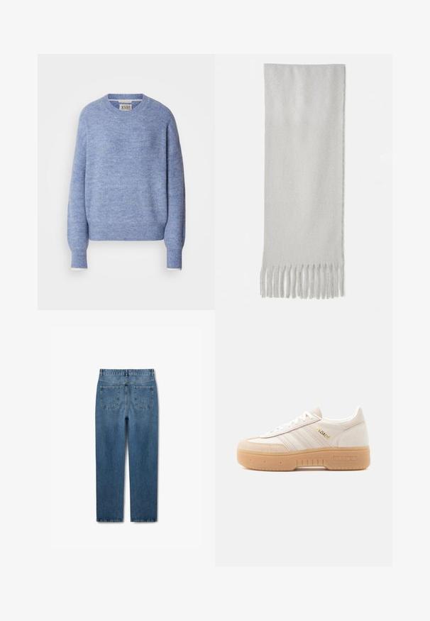 Suéter azul claro hecho de material suave y texturizado. Presenta un cuello redondo y mangas largas con puños acanalados. Diseño minimalista.; Jeans de mezclilla azul oscuro con corte recto, que presentan dos bolsillos traseros y una cintura sencilla, mostrados desde la vista posterior.; Zapatilla Adidas Spezial en cuero blanco roto con suela plataforma de goma de color marrón, franjas blancas, logo dorado y puntera de ante, vista lateral sobre fondo blanco.; Bufanda gris de textura suave con flecos en los extremos, con forma rectangular y acabado liso.