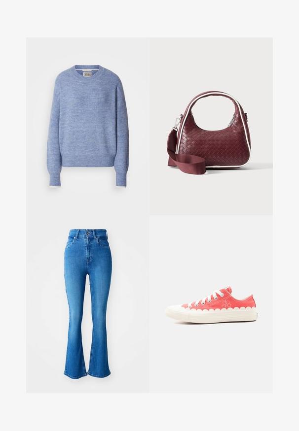 Suéter azul claro hecho de material suave y texturizado. Presenta un cuello redondo y mangas largas con puños acanalados. Diseño minimalista.; Jeans de mezclilla azul de cintura alta con patas acampanadas, que cuentan con un cierre de dos botones, cinco bolsillos y un acabado suave y texturizado.; Zapatilla roja de lona baja con cordones blancos, suela intermedia festoneada y detalle de flores bordadas en el lateral.; Bolso de mano de cuero tejido color granate con asa curva, ribete blanco, cremallera plateada y correa desmontable de tela ancha para el hombro sobre fondo liso.