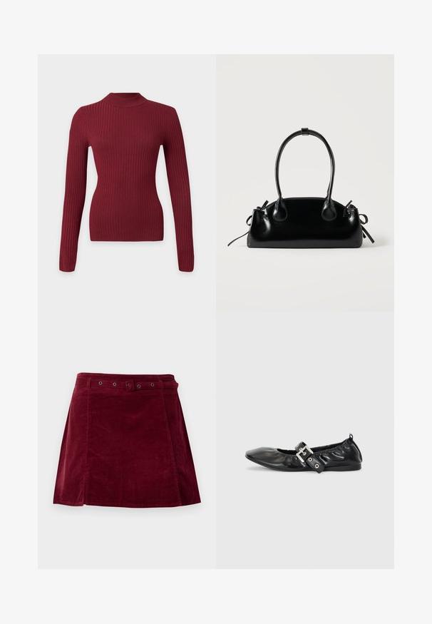 Pull ajusté en maille côtelée à manches longues de couleur rouge foncé avec un col rond haut sur fond blanc.; Jupe en velours côtelé rouge foncé avec une ceinture assortie et des œillets métalliques, présentant une légère forme trapèze et un détail sur le panneau avant.; Chaussure plate en cuir noir avec un nez pointu, des détails froncés autour de l'ouverture et un accent en boucle argentée sur la bride ajustable.; Petit sac à main noir brillant avec deux longues anses et des détails à cordon sur les côtés sur un fond clair uni.
