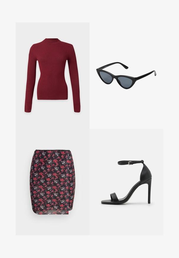 Pletený priliehavý sveter s dlhým rukávom v tmavočervenej farbe s vysokým okrúhlym výstrihom na bielom pozadí.; Even&Odd by Zalando Minisukňa - multi coloured; Čierne sandále na vysokom opätku s elegantným dizajnom, obsahujúce popruh okolo členka, otvorenú špičku a hladký kožený povrch.; Čierne slnečné okuliare v štýle mačacích očí s tmavošedými sklami, elegantným plastovým rámom, špicatými rohmi a rovnými stranami. Bez viditeľného hardvéru alebo akcentov.