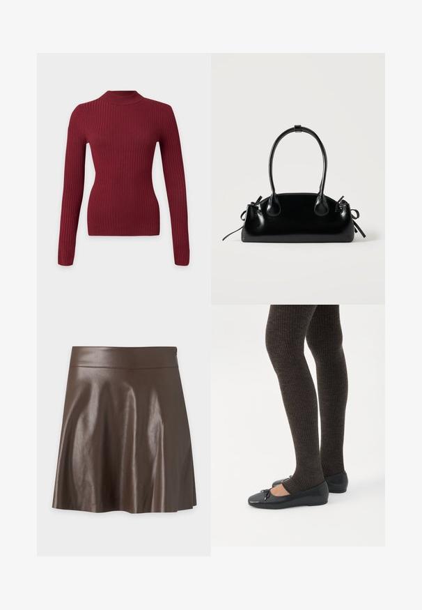 Langærmet tætsiddende ribstrikket sweater i mørkerød med høj rund hals på hvid baggrund.; Mørkebrun A-formet nederdel i kunstlæder med høj talje og glat, let skinnende tekstur.; Ben iført mørke ribbede leggings kombineret med sorte balletsko med små sløjfedetaljer på hvid baggrund.; Lille sort blank håndtaske med to lange håndtag og snøre-detaljer i siden på en ensfarvet lys baggrund.